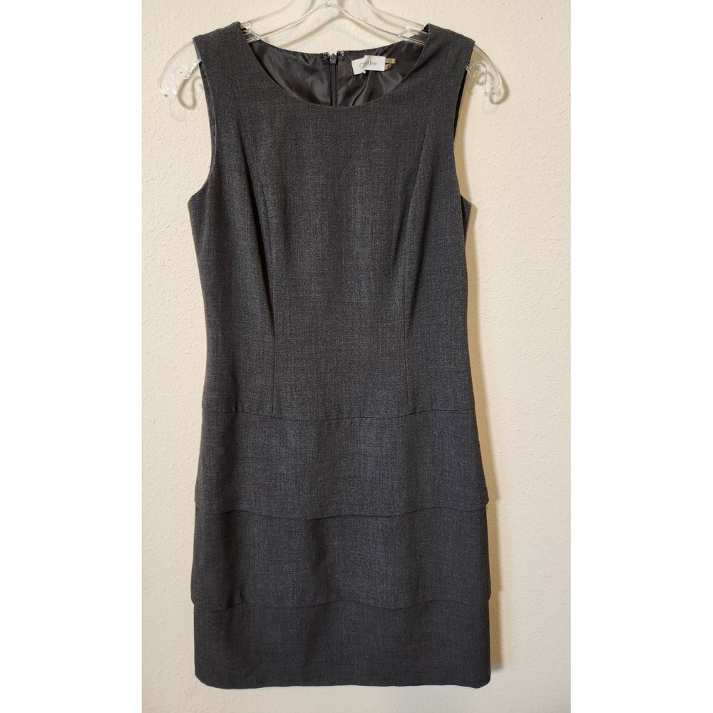Calvin Klein Gray Sleeveless Sheath Shift Dress Tiered Skirt Lined Capsule 4